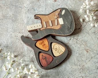 Personalised picks with case, Wooden picks holder, Guitar shape pick case