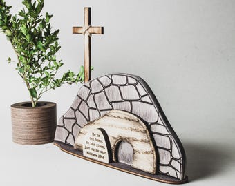 Christian Resurrection Scene Decor, Handmade Wooden Tomb, Easter He is Risen Gift