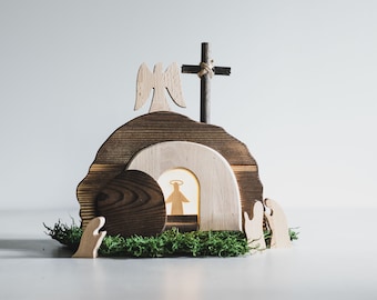 He Is Risen | Easter Scene | Empty Tomb | Christian Easter Decor | Resurrection Cross