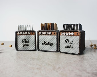 Personalized Guitar Amp Shaped Wooden Guitar Pick Holder – Custom Name Engraving