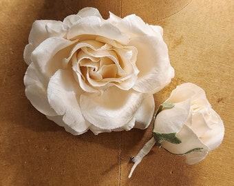 DISCOUNTED Silk Roses ~ 2 Rose Pins ~ Cream Handmade Roses ~ Bridal ~ Boutonniere ~ Headpiece Heaven