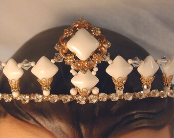 DISCOUNTED Tiara ~ Tudor Inspired ~ Something Old ~ White Milk Glass ~ Regal Gold Tiara ~ Bridal ~ Quinceanera ~ Cosplay ~ WAS 185.00