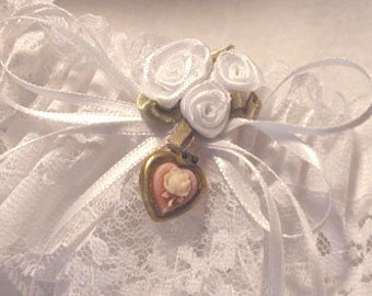 DISCOUNTED Locket Garter ~ Vintage Resin Cameo Locket ~ Something Old ~ White Lace Garter ~ Headpiece Heaven