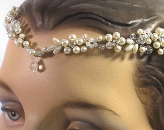 DISCOUNTED ~ Pearl Bridal Headband ~ Swarovski Crystal ~ Rhinestone ~ Forehead Band ~ Floral Headpiece ~ Sample Sale