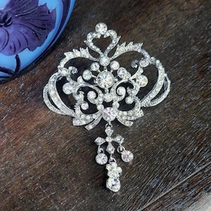 DISCOUNTED ~ Swarovski Crystal Scroll Brooch with Dangle ~ Rhinestone Pin ~ Vintage Bridal ~ Romantic ~ Bridal Jewelry ~ Bridesmaids ~ Groom