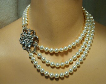 SAMPLE SALE ~ Triple Strand Swarovski Crystal & Pearl Necklace ~ Ivory Pears ~  Rhinestones ~ Bridal ~ Wedding ~  Handcrafted ~WAS 135.00