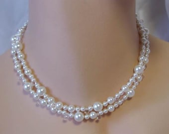 SAMPLE SALE ~ White Swarovski Pearl Two-Strand Choker ~ Clear Crystals ~ Bridal ~ Wedding ~ Prom ~ Office ~ WAS 85.00