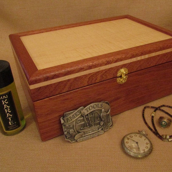 Fine wooden valet box with hinge lid handmade from exotic wood makes a beautiful gift. Box 226