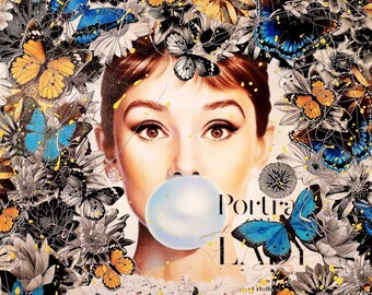 CRAZY GEORGE Audrey Hepburn Framed Wall Art, Blue Butterflies Wall Decor for Home Decor  (15.7x15.7x0.47 in)