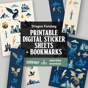 Hojas de pegatinas digitales imprimibles Dragon Fantasy. Marcadores. Cuarta Ala PNG. Dragones. Libro. Diario. Álbum de recortes. Descargas instantáneas.