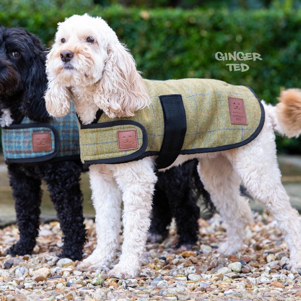 Tweed Warm Dog Coat - Ginger Ted Tweed Dog Coat / Jacket with Fleece Lining and Optional Shoulder Harness Slot. Smart & High Quality.