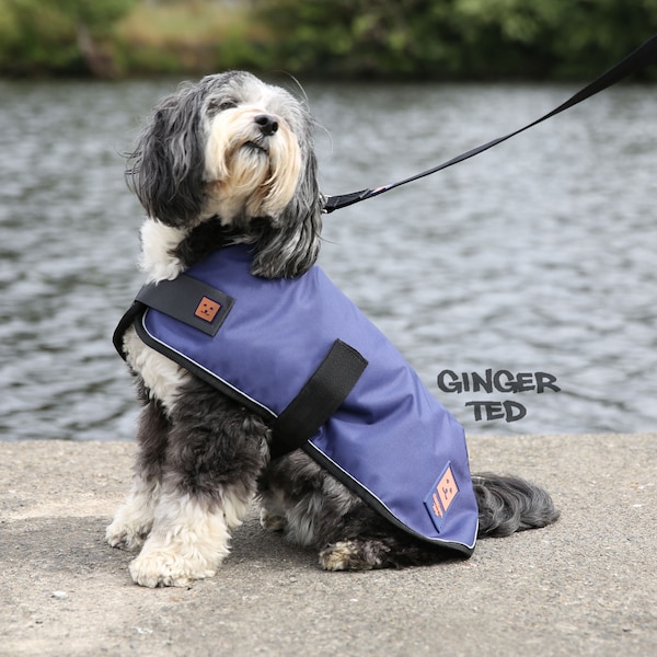 Waterproof Warm Dog Coat - Ginger Ted Shower Dog Coat / Jacket / Raincoat with Reflective Piping, Optional Harness Slot and Fleece Lining