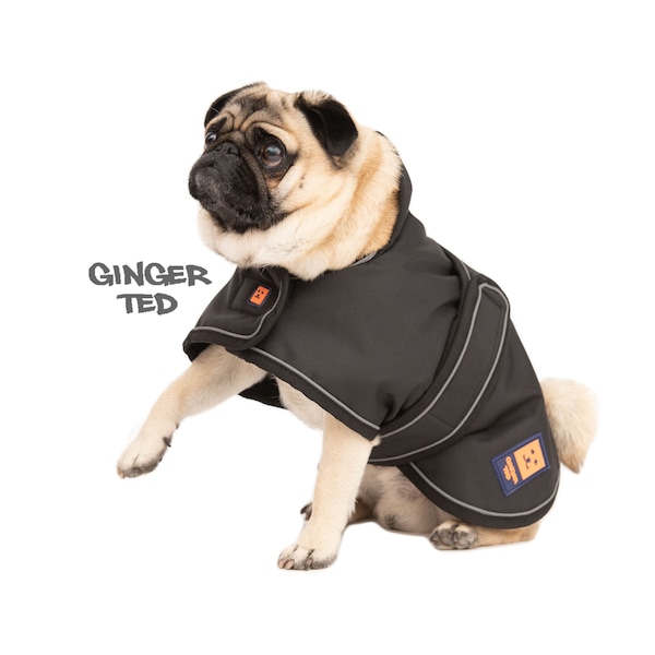 Pug Frenchie Waterproof Coat - Ginger Ted Shower Pug/Frenchie Coat / Jacket / Raincoat with Harness Slot, Fleece Lining & Reflective Piping