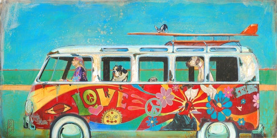 Canvas Panel Art Print-dogs, Vintage Bus 