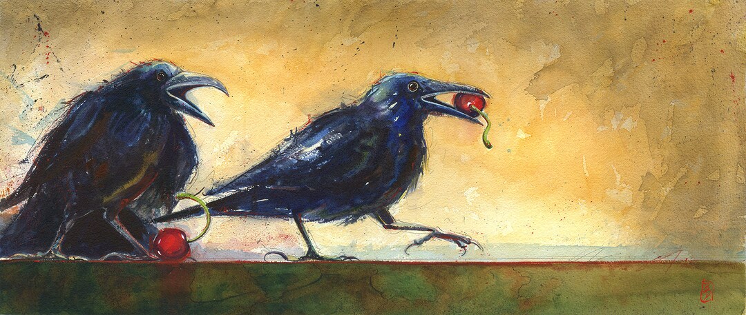 Canvas Panel Art Print-ravens With Cherries "hey!" Whimsical Raven Art, Cherries, - Etsy