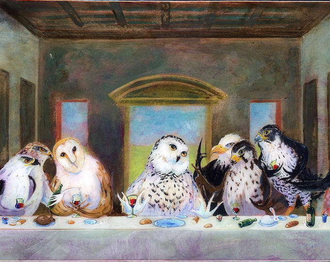 Featured listing image: Canvas Panel Art Print-Birds of Prey, Last Supper  "Birds of Pray'" Whimsical Birds