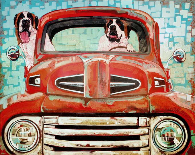 Featured listing image: Canvas Panel Brand New! Art Print Limited edition, Ford Pick up With Saint Bernard,  whimsical dogs