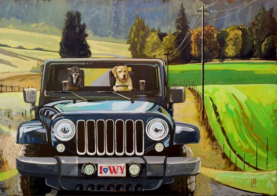 Whimsical dogs in a Jeep Art Print-Jeep Art-Dog Art Whimsical dogs in a Jeep Art Print-Jeep Art-Dog Art