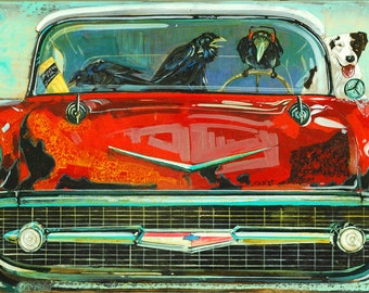Canvas Panel Art Print-Dogs 57' Chevy,  "Joy Ride" Whimsical Dogs, Ravens Old Cars.