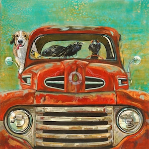 Paper Art Print-hond en raaf in oude Ford, "Rijden voor Dummies" Grillige honden, Ravens oude auto's.