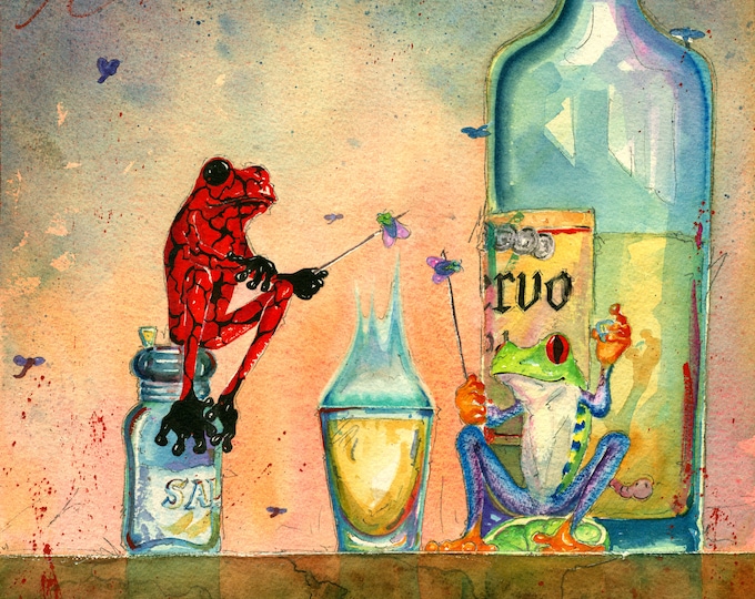 Featured listing image: Canvas Panel Art Print- Frog Art Print- Tequila Art, Whimsical Frog art- The Barbecue