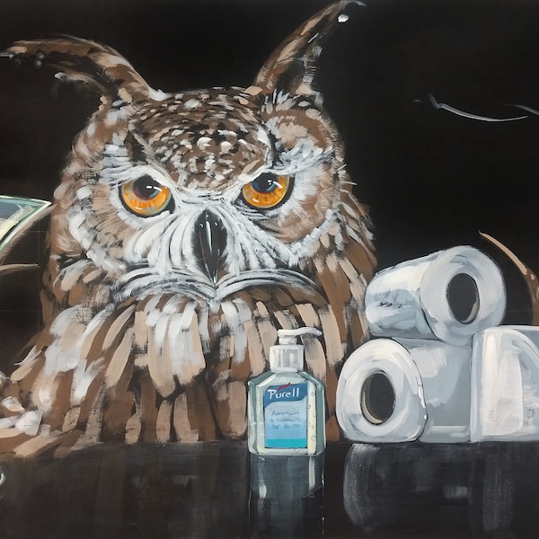 Canvas Panel Art Print- Owl with TP, Cocktail and Hand Sanitizer- Whimsical bar art, Martini Covid 19 humor