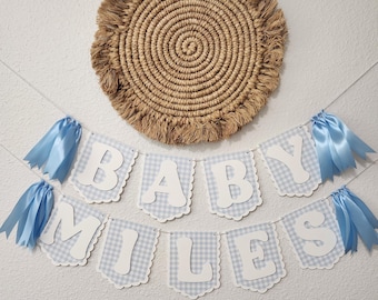 Light Blue Gingham Baby Shower Name Banner