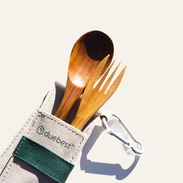 Handmade Teak Wood Cutlery Set 2PC | Reusable Utensils Travel Set w/ Case | For Camping, Picnic | Zero Waste Flatware Kit