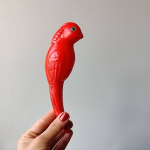 Russian Vintage Baby Rattle - Red Parrot Toy, Celluloid Plastic