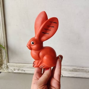 Cute Vintage Rubber Rabbit - Bunny - Hare Toy. Squeak, Early 80s, Soviet-Era, Orange, Lovely Design
