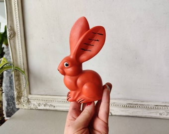 Vintage Orange Rubber Rabbit Toy: Soviet-Era Squeak Bunny