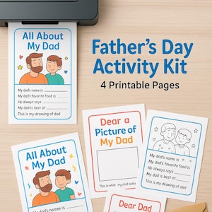 Kit de actividades imprimibles para el Día del Padre: descarga digital de 4 páginas para niños: Todo sobre mi papá, cartas y dibujos