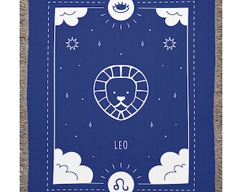 Leo Blue Woven Blanket, Zodiac Sign Blanket, Woven Blanket, Customized Blanket, Perfect Gift For Zodiac Lover