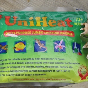 May include: Green and yellow UniHeat Multi-Purpose Jumbo Shipping Warmer with a 72+ hours guarantee. The package features illustrations of a grasshopper, a fish, a lizard, an orchid, and two test tubes. The text "Environmentally safe - See other side for instructions" is printed at the bottom.