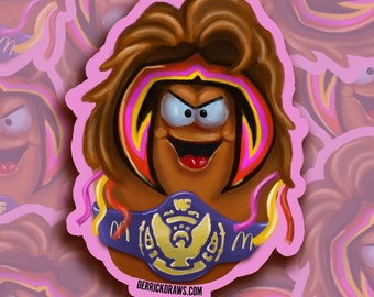 May include: A cartoon character with brown hair and a championship belt. The character is wearing a colorful wrestling outfit and has a serious expression on their face. The belt is blue with gold accents and features a golden eagle logo. The text "WWE" is printed on the belt. The background is pink with multiple copies of the character.