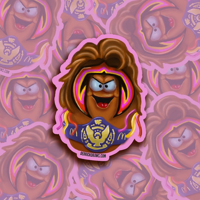 May include: A cartoon character with brown hair and a championship belt. The character is wearing a colorful wrestling outfit and has a serious expression on their face. The belt is blue with gold accents and features a golden eagle logo. The text "WWE" is printed on the belt. The background is pink with multiple copies of the character.