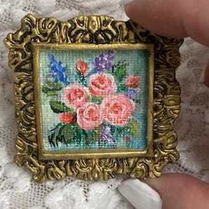 Miniature Dollhouse Original Canvas Painting Romantic Roses, Resin Frame, 1:12 Scale Signed by Artistian Kathy Manuel,