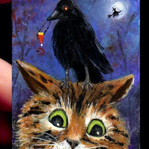 Halloween Unique Original Art Print from Painting, Cat Decor Small art, Collectible Mini Print ACEO ATC Gothic Crow Art, by K.Manuel