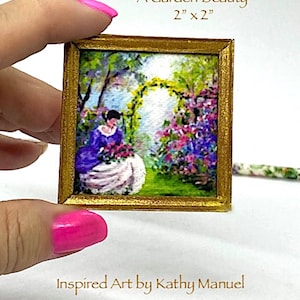 Dollhouse Miniature Framed Canvas Print, 1:12 scale dollhouse size print of painting of Victorian Lady in Flower Garden, by K.Manuel