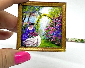 Dollhouse Miniature Framed Canvas Print, Victorian Lady in Garden, Original Signed Kathy Manuel