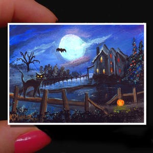 Halloween Decor Art, Print from Original ACEO Painting,&quot;Halloween House&quot; Black Cat,Miniature Art, Gift for Art Lover,  artisan Kathy Manuel