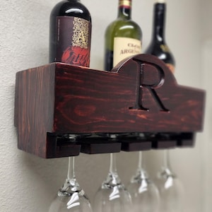 Handcrafted Wooden Wall-Mounted Wine Rack – Custom Engraved Wine Bottle & Glass Holder