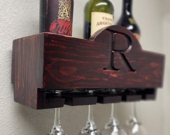 Handcrafted Wooden Wall-Mounted Wine Rack – Custom Engraved Wine Bottle & Glass Holder