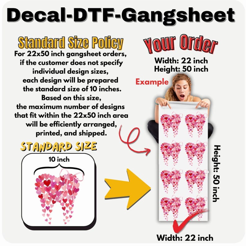 The image is a decal-DFT-Gangsheet sheet with a standard size policy and a customer's order. The standard size policy states that for orders 22x50 inches, each design will be prepared according to the standard size of 10 inches, and the maximum number of designs that fit within the 22x50 inch area will be efficiently arranged, printed, and shipped. The standard size is 10 inches, and the height is 22 inches.