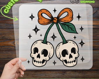 Skull Cherry DTF Transfer, Ready To Press, Halloween Gothic Punky Cherries Print, Spooky Skulls Direct To Film, Creepy Fruit Decal for