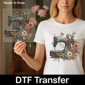Vintage Floral Sewing Machine DTF Iron-On Transfer for Craft Lovers Apparel & DIY Projects