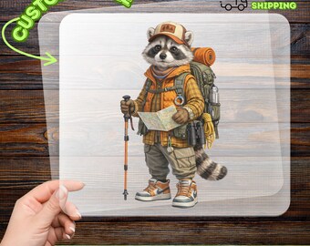 Raccoon Hiking Adventure DTF Transfer, Playful Nature-Themed Iron-On, Ready to Press for Outdoor Enthusiasts, Animal Lover Gift