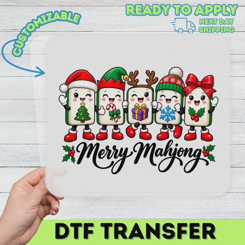 Cute Christmas Mahjong DTF Transfer, Holiday Mahjong Tiles Ready to Press, Xmas Heat Transfer, Festive Mahjong Gift For Crafters image 9
