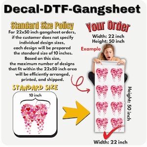 The image is a decal-DFT-Gangsheet sheet with a standard size policy and a customer's order. The standard size policy states that for orders 22x50 inches, each design will be prepared according to the standard size of 10 inches, and the maximum number of designs that fit within the 22x50 inch area will be efficiently arranged, printed, and shipped. The standard size is 10 inches, and the height is 22 inches.
