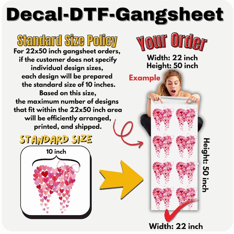 The image is a decal-DFT-Gangsheet sheet with a standard size policy and a customer's order. The standard size policy states that for orders 22x50 inches, each design will be prepared according to the standard size of 10 inches, and the maximum number of designs that fit within the 22x50 inch area will be efficiently arranged, printed, and shipped. The standard size is 10 inches, and the height is 22 inches.